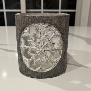 Rustic Glittery Gray Faux Wood, White Snowflake W Glass Insert Candle Holder…6x5